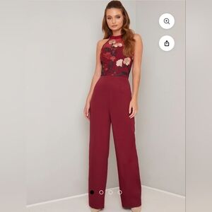 NWT Chi Chi London Jannie Jumpsuit Burgandy Embroidered Floral Mesh Halter Sz 4